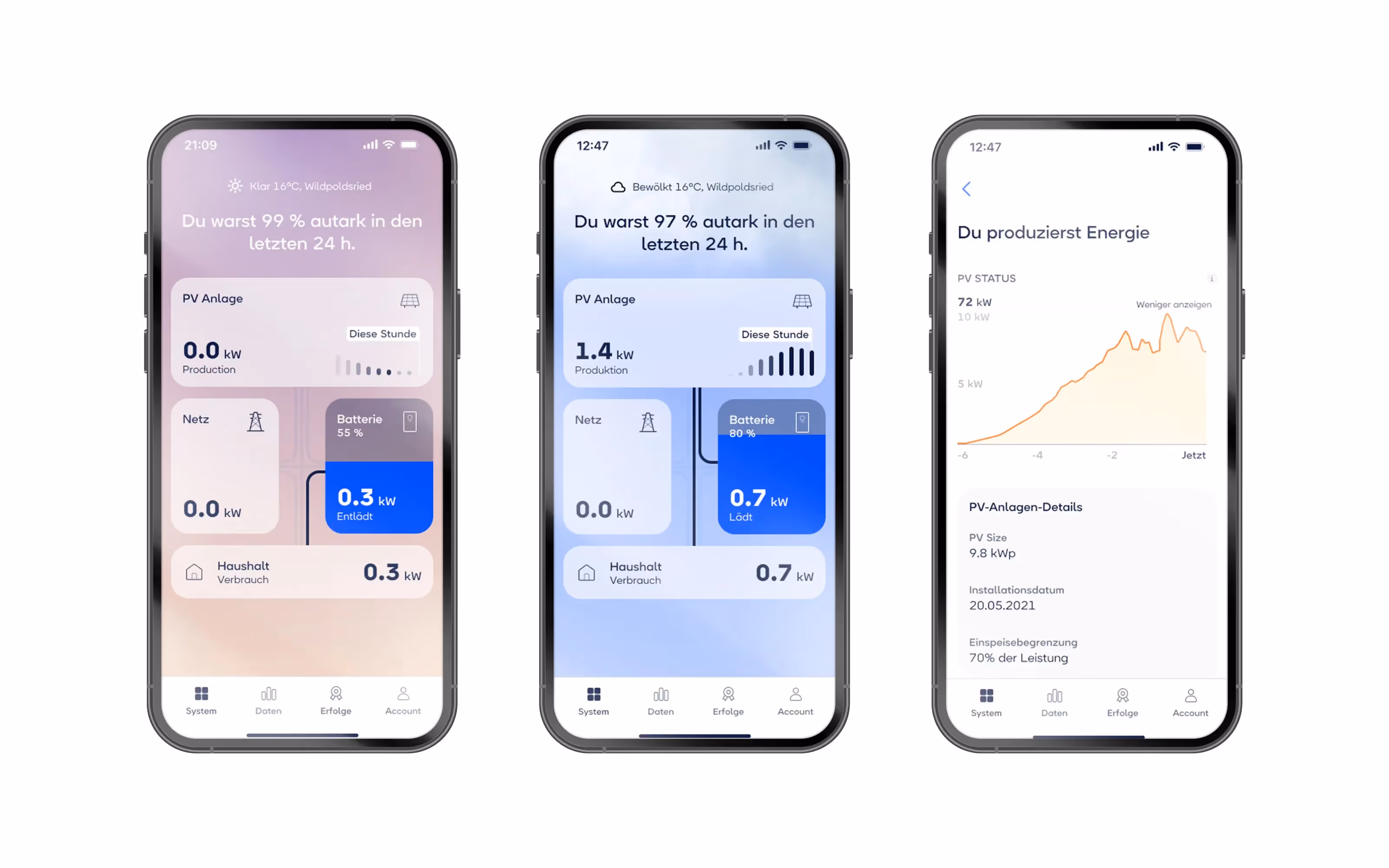 Drei Screens der sonnen App