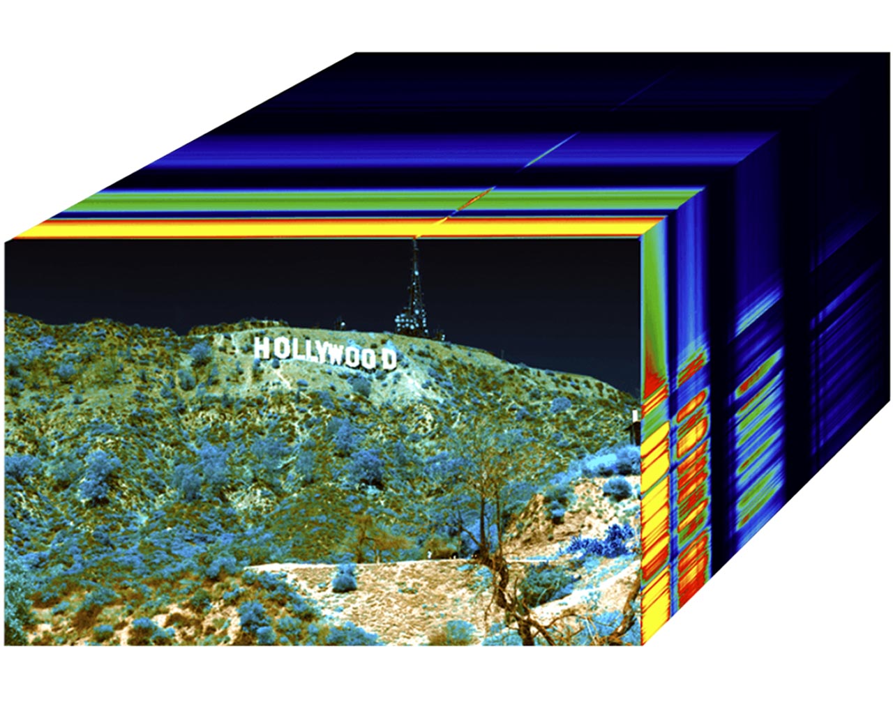 3D hyperspectral data cube visualization with an image of the Hollywood sign on a hillside as the spatial plane and colorful spectral bands extending along the depth.