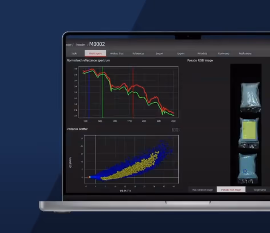Laptop screen displaying analytical software with graphs of normalized reflectance spectrum, variance scatter, and pseudo RGB images of packaged powders.