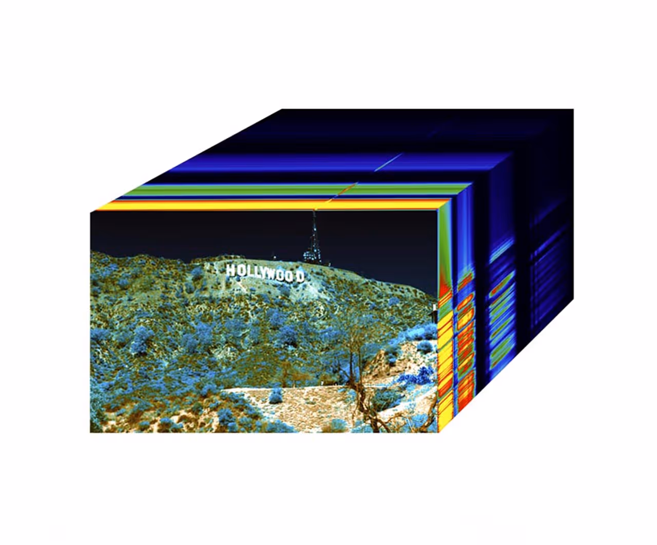 Hyperspectral data cube visualization featuring the Hollywood sign in false-color representation.