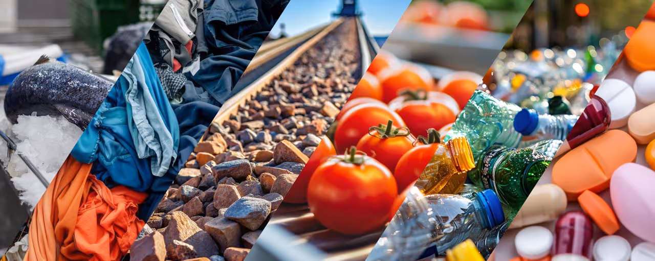 Collage of industry-related images including fish on ice, colorful textiles, railway tracks, tomatoes on a conveyor, plastic bottles, and pharmaceutical pills.