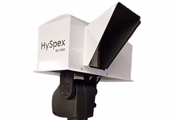 HySpex by neo hyperspectral imaging sensor with black and white angular casing mounted on a black base.