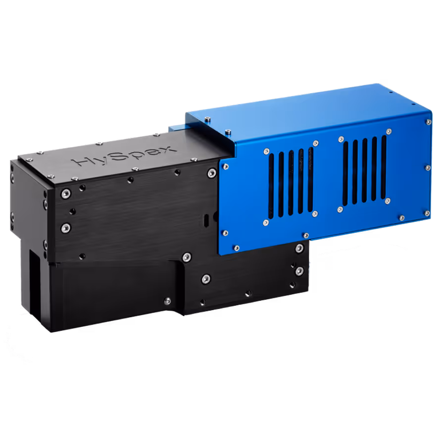 HySpex VNIR-3000N hyperspectral imaging sensor with black and blue metal casing.