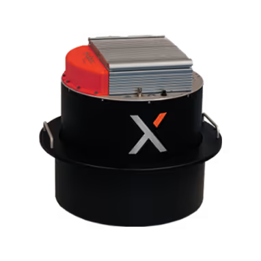 Black cylindrical device with a silver and red hexagonal top, featuring a stylized 'X' logo on the side.