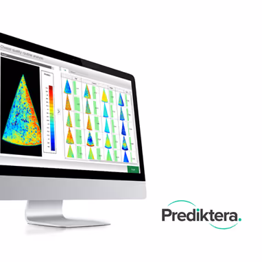 Computer screen displaying colorful cone-shaped graphs and charts for cheese quality texture analysis, with the Prediktera logo beside it.
