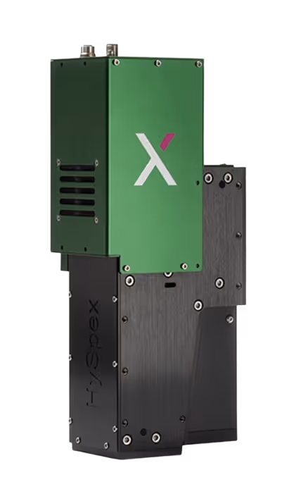 HySpex imaging spectrometer with a green top casing featuring a white and magenta X logo and a black body with visible screws.