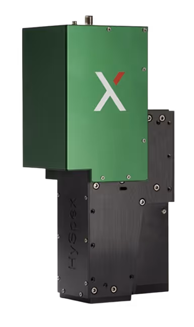 HySpex imaging sensor device with a green top casing and black base unit, featuring a white and red 'X' logo.