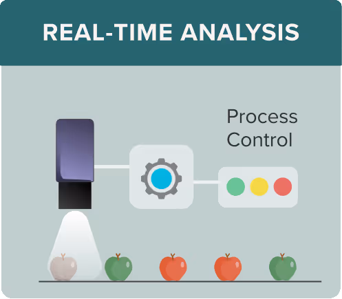 Diagram titled Real-Time Analysis showing a device scanning apples with a gear icon and a traffic light control labeled Process Control.