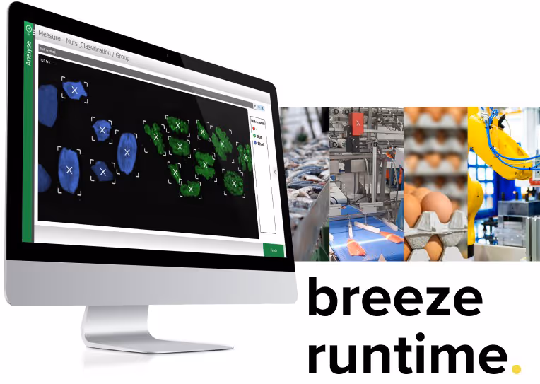 Computer monitor displaying software analyzing classification of nuts with blue and green highlighted selections alongside images of fish processing, meat packaging, eggs, and industrial automation with the text 'breeze runtime.'
