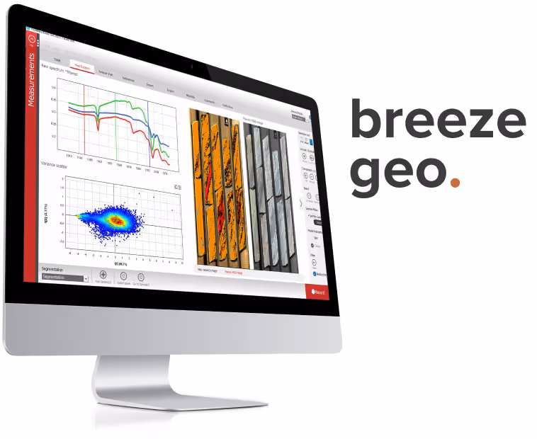 Computer monitor displaying geological data charts and core sample images next to the text 'breeze geo.'