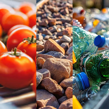 Triptych image showing fresh tomatoes, a pile of rocks, and crushed plastic bottles in recycling.