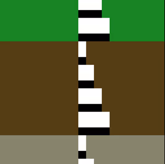 Simplified pixel art of a birch tree with white bark and black horizontal stripes against green, brown, and greyish backgrounds.