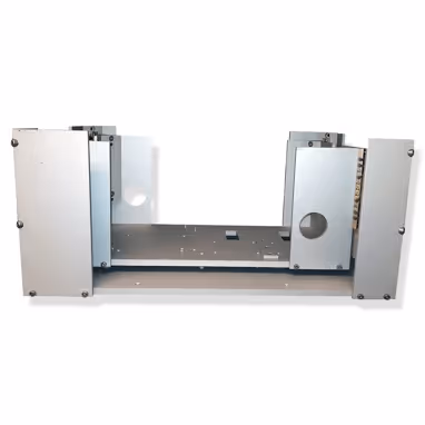 Rectangular metal mounting plate with vertical side panels and circular cutouts on each side.
