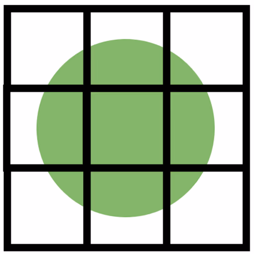 A large green circle centered behind a 3x3 grid of black squares with thick borders.