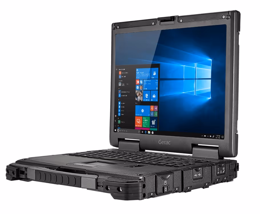 Rugged Getac laptop with Windows 10 displayed on screen, featuring a sturdy black design and reinforced corners.