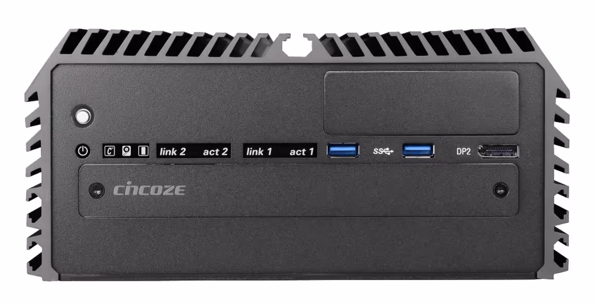 Front view of a black Cincoze rugged industrial computer with USB ports, power button, and ventilation slots.
