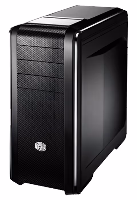 Black Cooler Master mid-tower computer case with mesh front panel and side panel.