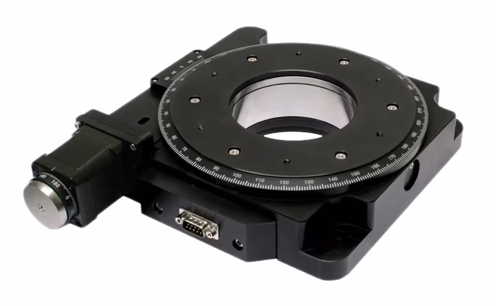 Black high-capacity rotation stage with circular degree markings and a motorized dial on a white background.