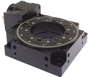 Black precision rotary stage with circular degree markings and motor assembly, used for angular positioning.