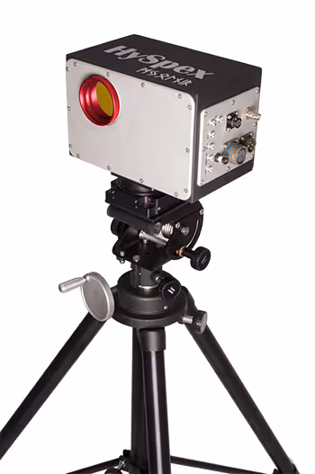 HySpex camera mounted on a black adjustable tripod with three legs and control knobs.
