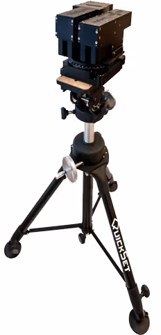Quickset high-capacity tripod with a mounted black device on top.