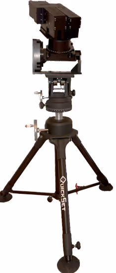 Black QuickSet tripod with a mounted rectangular camera or sensor unit on top.