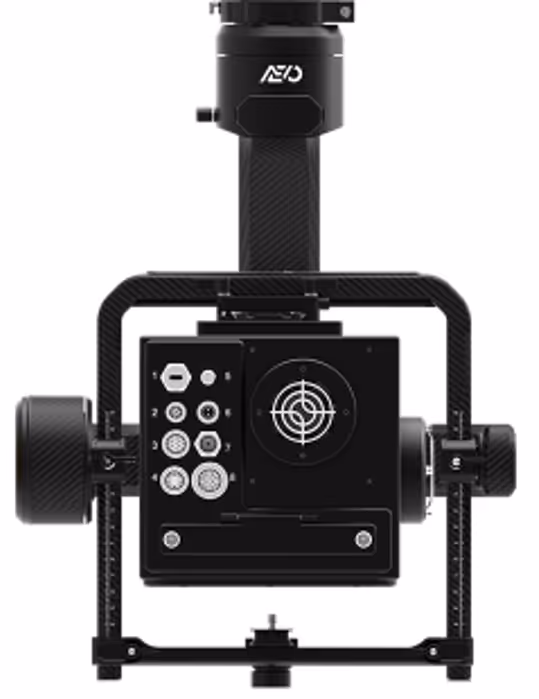 Black handheld camera stabilizer gimbal with multiple control buttons and a circular target display on the front panel.