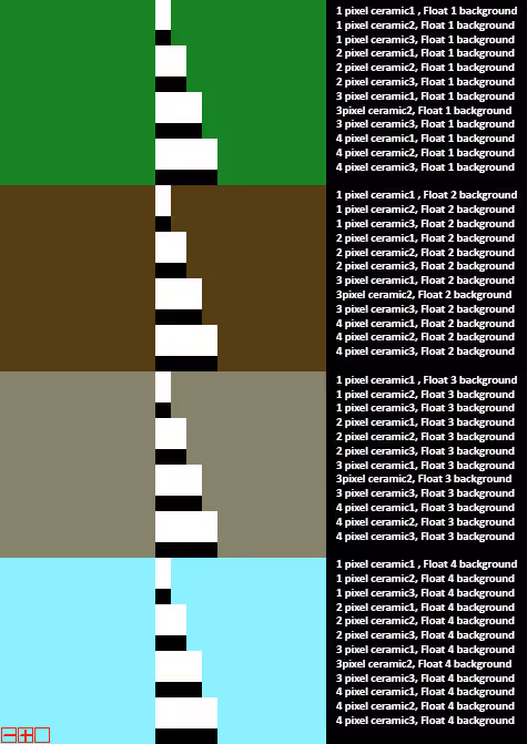 Four vertical color blocks (green, brown, gray, light blue) each with a column of white and black pixel patterns on the left and repeating text labels on the right describing pixel ceramic types and float background numbers.