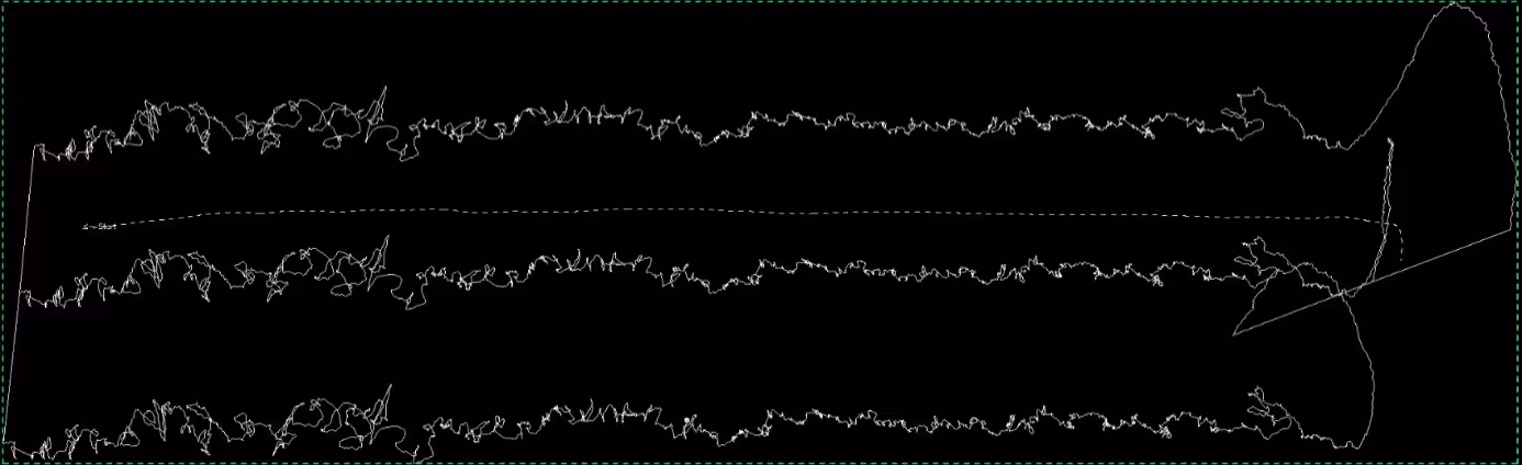 Diagram of three noisy paths with random fluctuations along a horizontal direction, with a labeled start point and a dashed line between the top and middle paths.