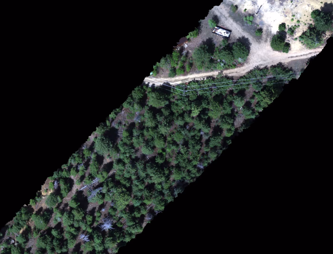 Aerial view of a forested area with a dirt road, power lines, and a trailer parked near trees.