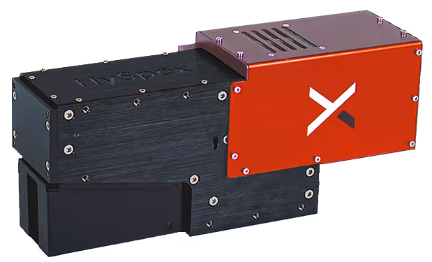 Hyspex imaging device with a black body and a red panel featuring a white and black X logo.
