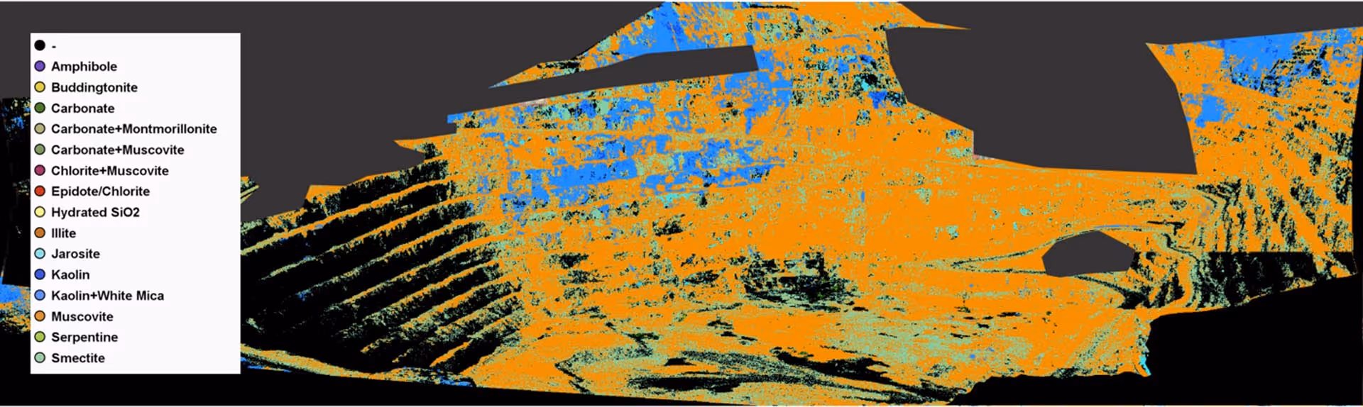 Color-coded geological map showing different mineral distributions including Amphibole, Buddingtonite, Carbonate variants, Chlorite+Muscovite, Epidote/Chlorite, Hydrated SiO2, Illite, Jarosite, Kaolin, Kaolin+White Mica, Muscovite, Serpentine, and Smectite.