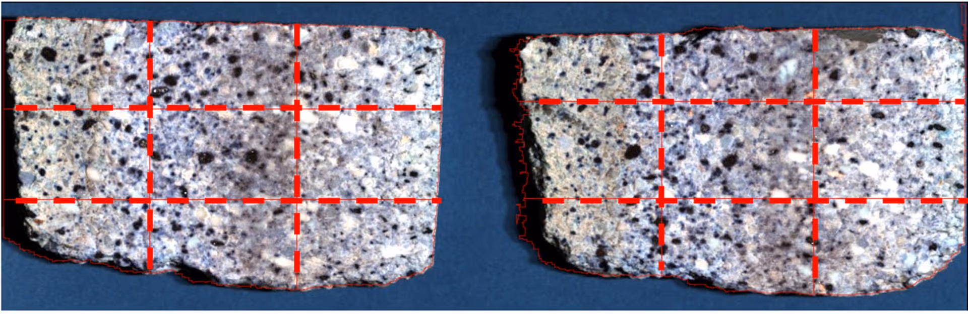 Two rectangular concrete samples with speckled texture separated by a gap on a blue background, overlaid with red grid lines.