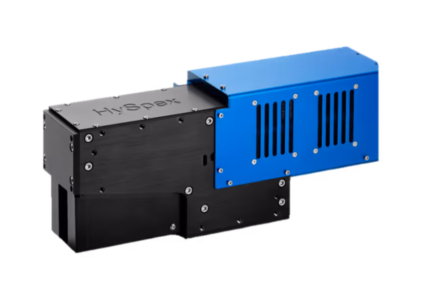 Black and blue rectangular industrial device with ventilation slots and screws, labeled HySpex.