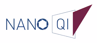 Logo with text 'NANO QI' where the 'O' in 'NANO' is shaped like a camera shutter and a 3D geometric shape extends from the 'QI'.