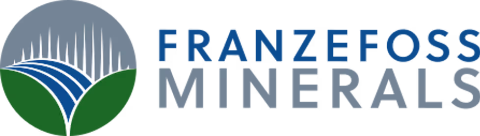 Franze Foss Minerals logo with stylized green leaves, blue field lines, and gray vertical lines inside a circular emblem beside the company name in blue and gray text.