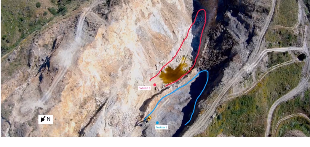 Aerial view of a rocky quarry with two marked paths in red and blue, labeled Position 2 and Position 1 respectively, and a north direction indicator.