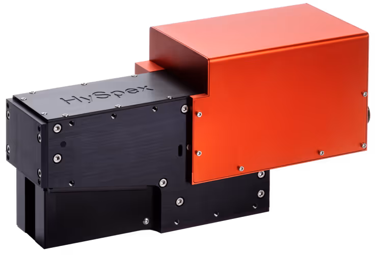 HySpex branded compact black and red hyperspectral camera sensor unit.