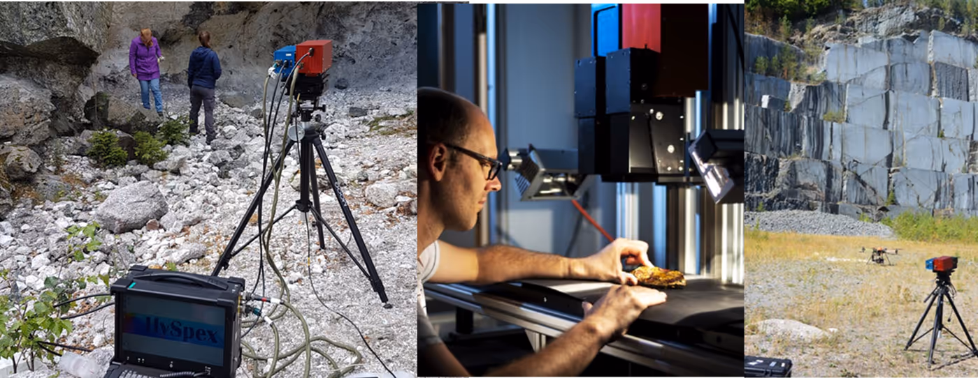 Three images showing scientific equipment for geological analysis: a field setup with a spectrometer on a tripod in rocky terrain with two people nearby, a man operating a lab instrument scanning a rock sample, and a spectrometer on a tripod in front of a rock quarry.