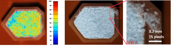 Three-panel image showing a colored heatmap of powder distribution in a hexagonal container, a grayscale version of the powder, and a zoomed-in pixelated close-up with a 3.7 mm scale bar indicating 15 pixels.