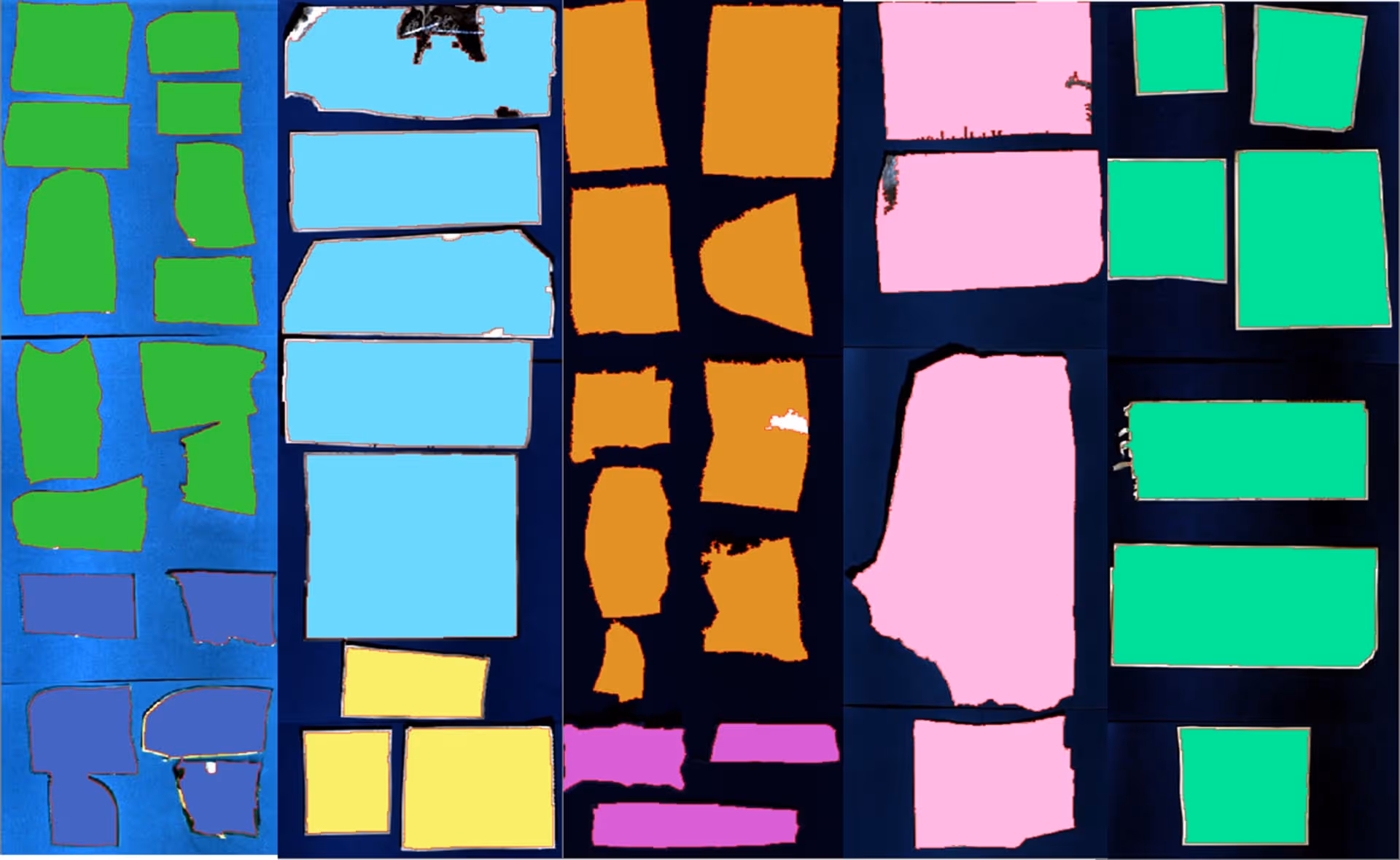 Abstract image with multiple irregular colored shapes in green, blue, yellow, orange, pink, purple, and teal arranged in vertical columns on a dark blue background.