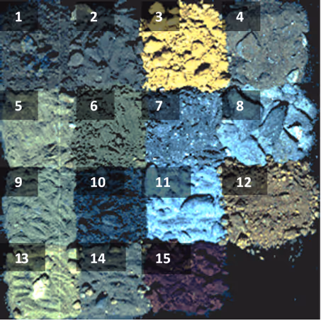 Grid of 16 numbered squares showing various mineral ore samples in different colors and textures.