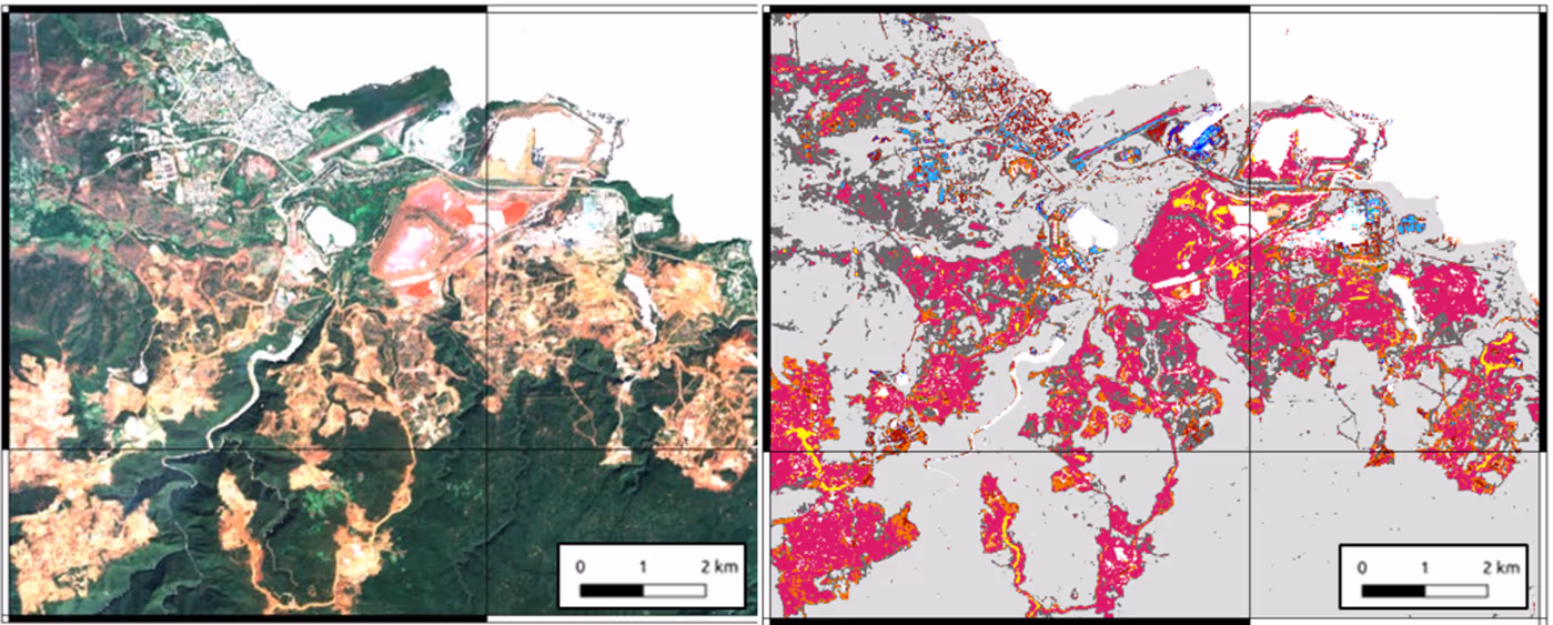 Side-by-side maps of a mining area: left shows a satellite image with vegetation and mining pits, right is a detailed land use classification map with various colored zones.