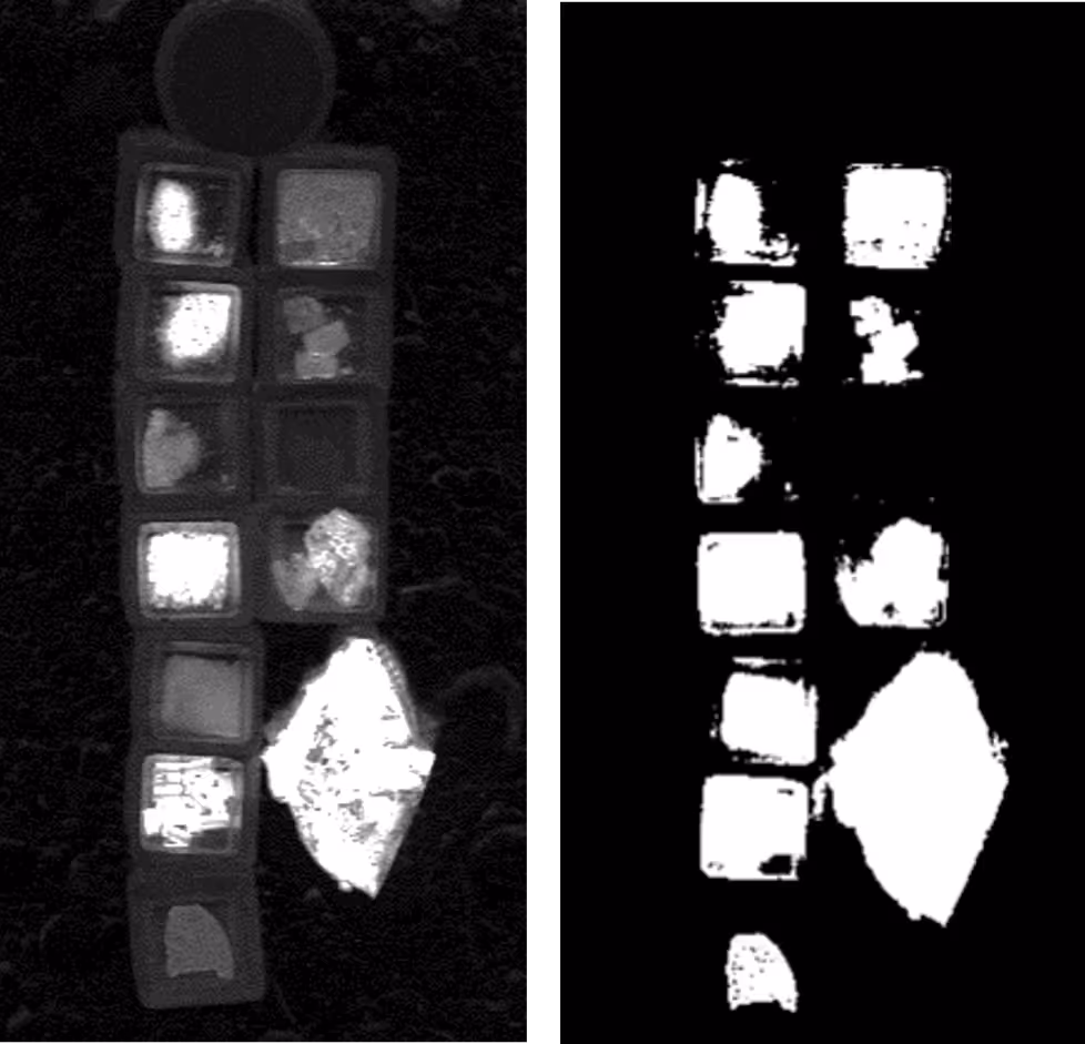 Side-by-side image showing a grayscale photo of a vertical array of small boxes on the left and their corresponding white segmented areas on a black background on the right.