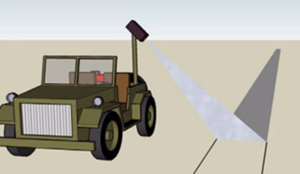 Illustration of a green military-style jeep with a tall antenna emitting a cone-shaped radar or sensor signal.