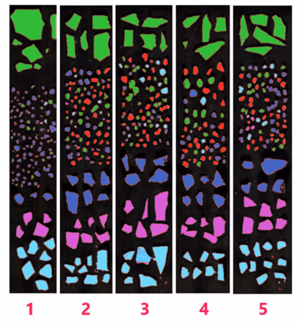 Five vertical strips containing irregular green, red, blue, purple, and light blue shapes on a black background, numbered 1 to 5 below.
