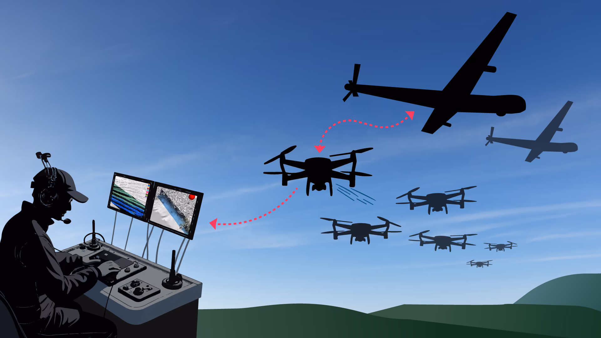 A man wearing a headset sitting at a communications station in front of a field, communicating with multiple drones and UAVs in the air