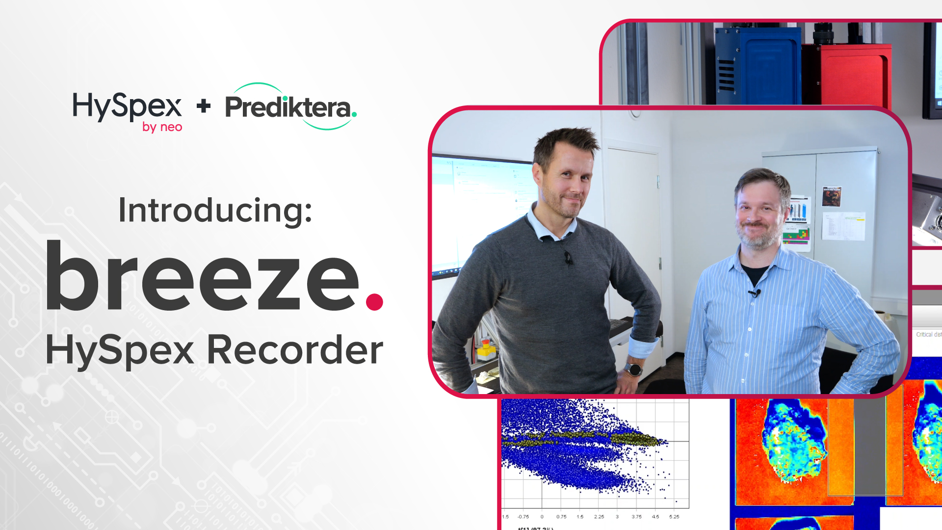 Promotional banner for the Breeze HySpex Recorder webinar by NEO and Prediktera, featuring two men standing in a room with technical equipment and data visuals in the background.