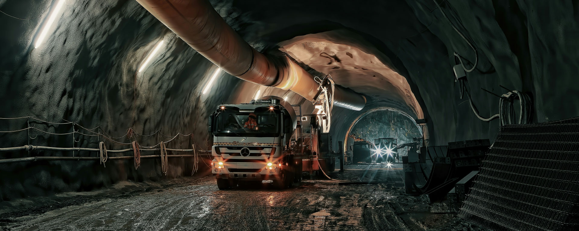 Underground tunnel with a large truck and mining equipment under industrial lights.