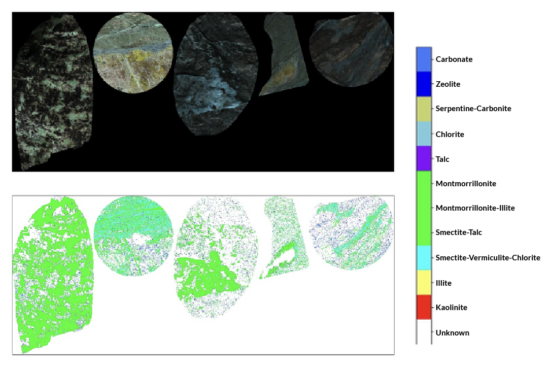 Two rows of rock samples with mineral compositions mapped; top row in natural color, bottom row color-coded by mineral types including carbonate, zeolite, talc, chlorite, and kaolinite and more.